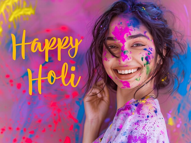 Foto poster del festival di holi donna sorridente con testo happy holi