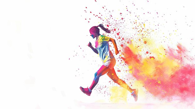 홀리 축제에서 달리기 선수가 다채로운 가루를 가지고 달리고 있습니다.