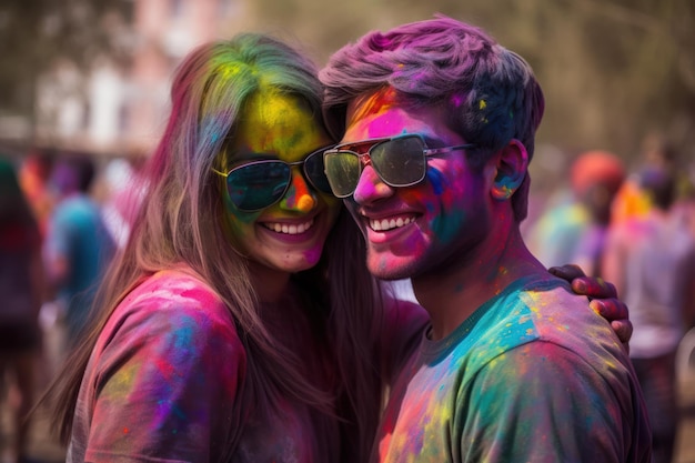 Holi festival where young couple with colorful powders on faces and into the air