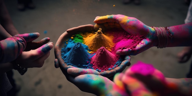 Holi festival with the bright paint on the hands Created with generative AI technology