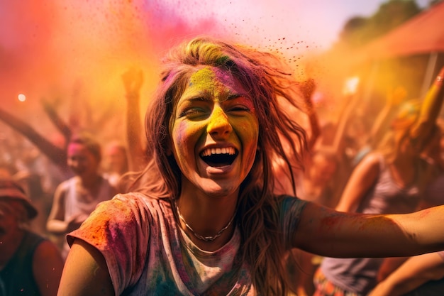 Photo holi festival women and men in paint are smiling cheerful young multiethnic friends with colorful paint on clothes and bodies having fun together at holi festival generative ai