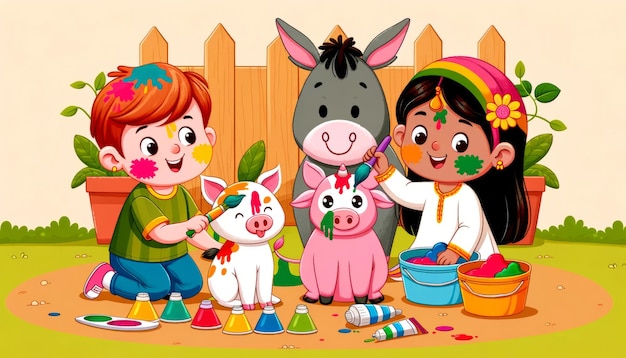 Праздники Холи с мультфильмами для детей и животных