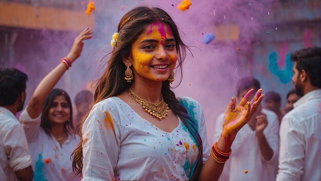 Holi functions create cute girl and boy in white dress and attractive backgrounds create