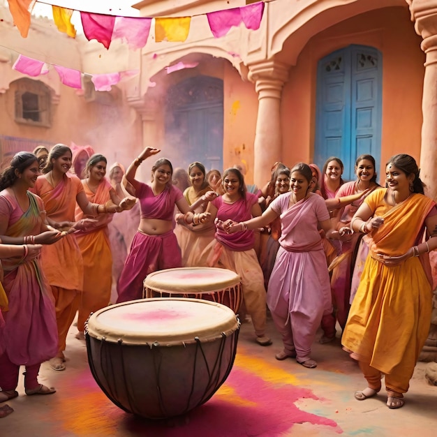 Photo holi harmony festive dholki drumming and dancing