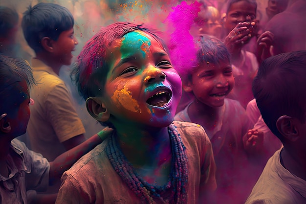 Holi Holiday Celebration Achtergrond met persoonsportret in paars roze verf op gezicht generatieve ai