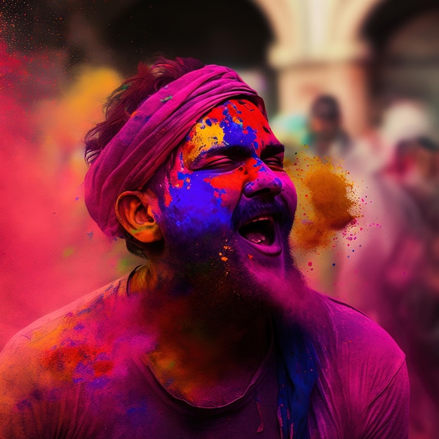 Holi indian festival boy with colors Generative AI