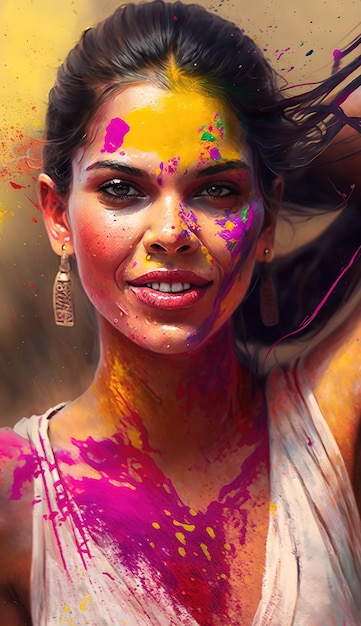 Holi indian festival girl with colors Generative AI