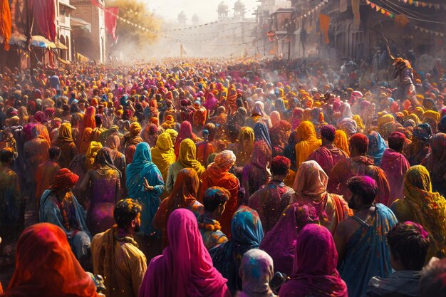 holi indiase festival spelen holi grote menigte anime stijl schilderen realistische 4k uhd