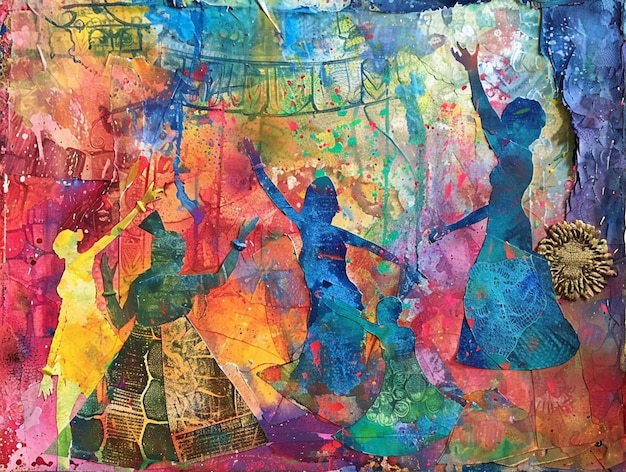 holi inspired cultural performances dancing people colorful digital art