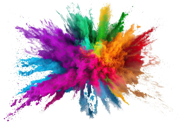 Holi-kleurpoederexplosie met regenboog op geïsoleerde witte achtergrond burst van levendige kleuren Generatieve AI