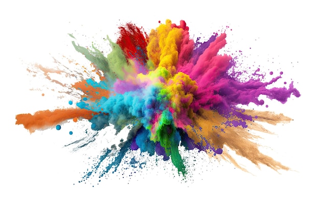 Holi-kleurpoederexplosie met regenboog op geïsoleerde witte achtergrond burst van levendige kleuren Generatieve AI