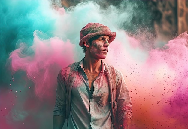 holi man with smokey background