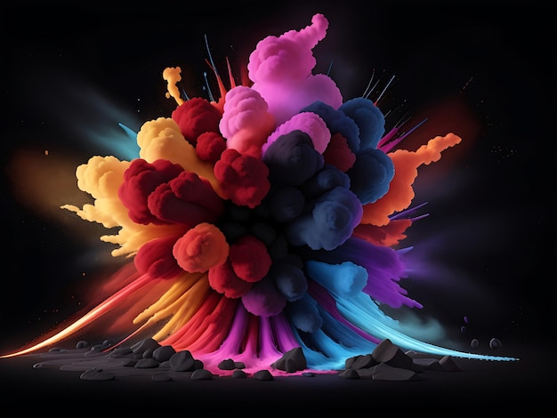 Holi paint rainbow multi colored powder explosion on black background Abstract 3d explosion wallpaper