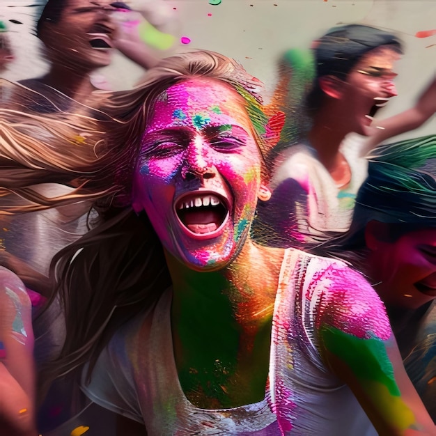 Photo holi party portrait of a cheerful young woman covered in colorful paint screaming while dancing with her friends