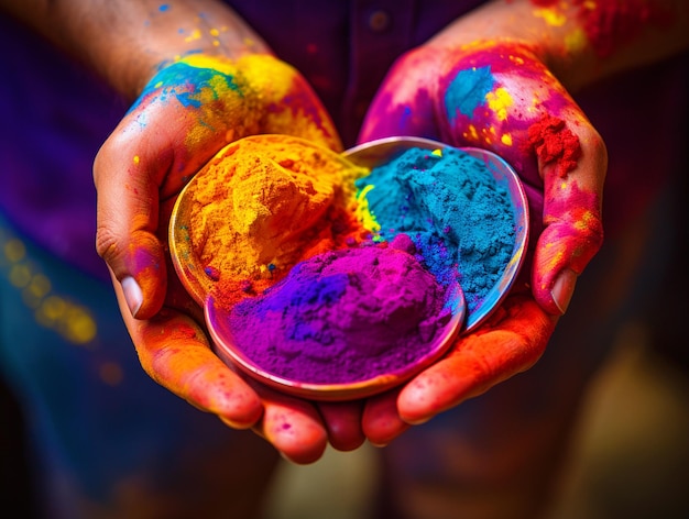 Photo holi powdered colors in hands