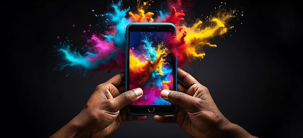 Holi-viering Indiase handen houden telefoon vast met gekleurde explosie die uit het scherm komt