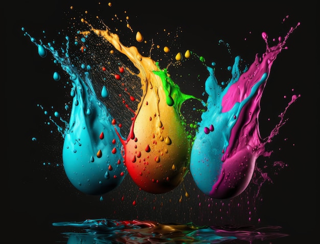 Holi water balloons exlosion on black background