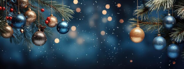 Holiday background with christmas balls and pine branches