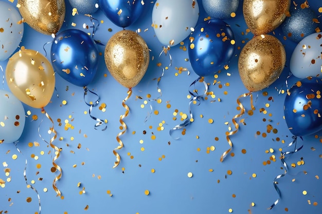 Holiday background with golden and blue metallic balloons confetti and ribbons
