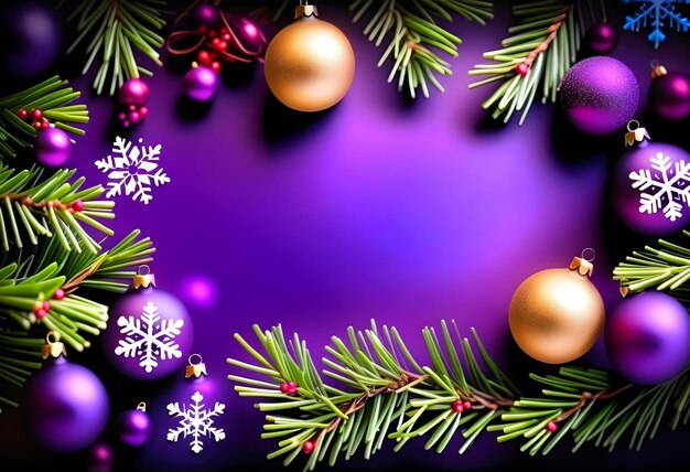 Photo holiday background with pine twigs and purple christmas