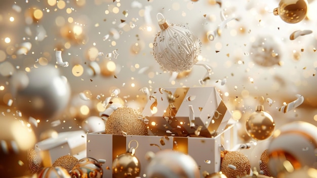 Holiday background with white and gold Christmas ornaments candies and sweets falling from open gift boxes