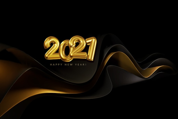 Holiday banner with volumetric golden numbers 2021 on the background of waves of gold and black. Realistic New Year background for the new 2021. Template for postcards, presentation.