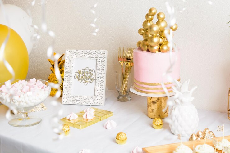 ピンクと金色の装飾が施されたケーキと風船の休日の誕生日テーブル
