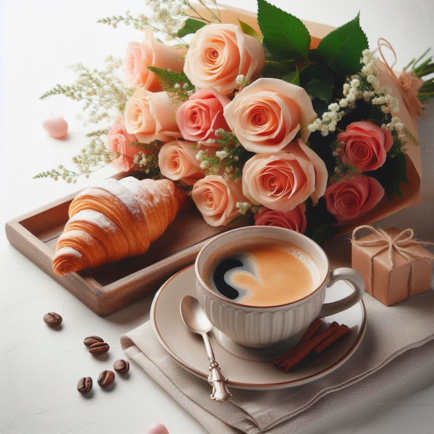 聖バレンタインの休日の朝食 コーヒーとクロワッサンとバラの束