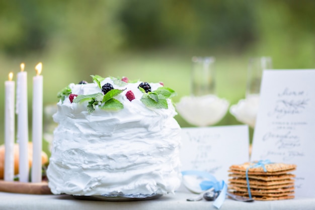 Праздничный торт. Белый крем. Вкусный торт на природе. Концепция праздника.