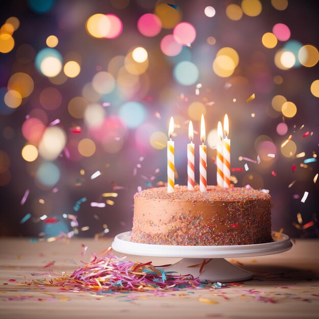 Holiday cake with candles on blurry holiday background Bright colors