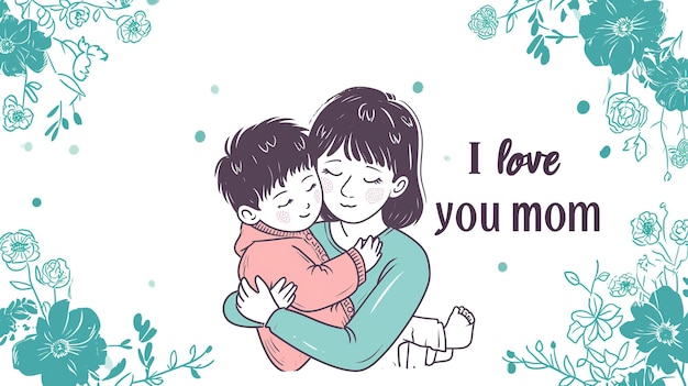 Holiday card for Mothers Day on a white background vector drawing of a mother hugging a child