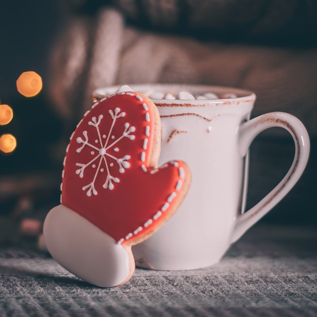  Holiday card with ginger cookies and cup of chocolate with marshma