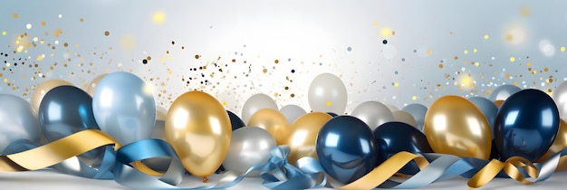 Holiday celebration background with golden silver and blue metallic balloons gold sparkles confett