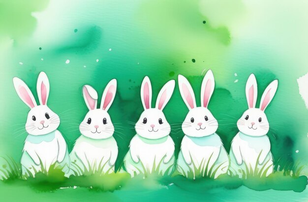 Foto banner di celebrazione delle vacanze di carine uova decorate di pasqua carine coniglietti di pasqua illustrazione di uova di conigli di pasqua su sfondo verde felicità di pasqua carta di auguri banner sfondo festivo spazio di copia