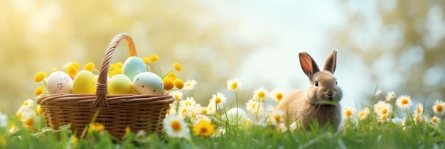 Праздничный баннер с милым пасхальным кроликом с украшенными яйцами и весенними цветами на зеленом весеннем лугу Кролик в пейзаже Счастливая пасхальная открытка баннер праздничный фон