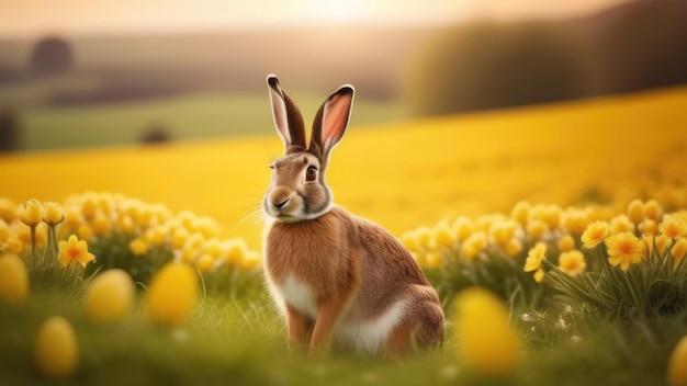 Праздничный баннер с милым пасхальным кроликом с украшенными яйцами и весенними цветами на зеленом весеннем лугу Кролик в пейзаже Счастливая пасхальная открытка баннер праздничный фон
