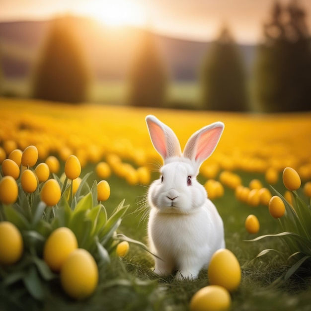 Photo holiday celebration banner with cute easter bunny with decorated eggs and spring flowers on green spring meadow rabbit in landscape happy easter greeting card banner festive backgroundcopy space