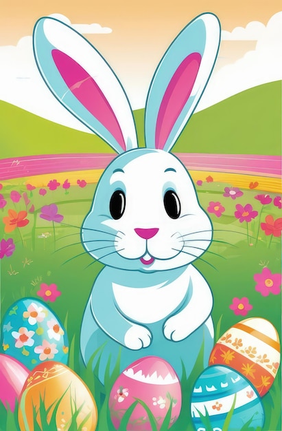 Holiday celebration banner with cute Easter bunny with decorated eggs and spring flowers on green spring meadow Rabbit in landscape Happy Easter greeting card banner festive backgroundCopy space