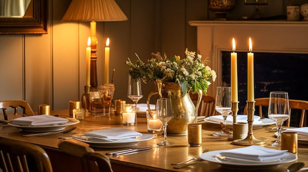 写真 休日のお祝いのテーブルの装飾英国のカントリー ハウスの田舎のインテリア デザイン モチーフの正式な家族のディナーのためのダイニング ルームのキャンドルと花の装飾のお祝いのテーブル風景