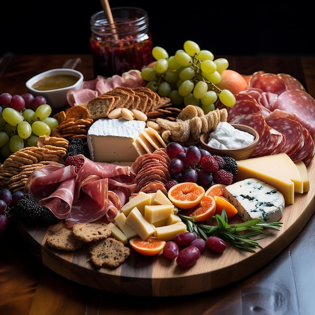 holiday charcuterie board with an assortment of cheeses and cured meats