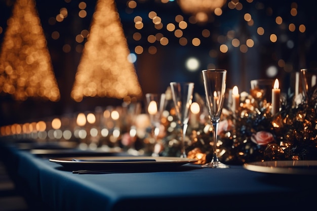 Holiday cheer at a restaurant bar or nightclub with a christmas tree background