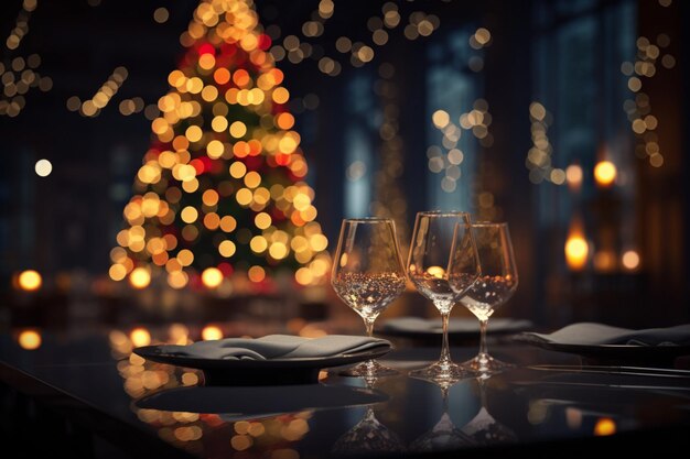 Photo holiday cheer at a restaurant bar or nightclub with a christmas tree background