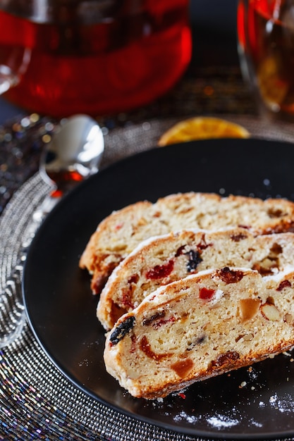 Holiday Christmas cake sliced on plate