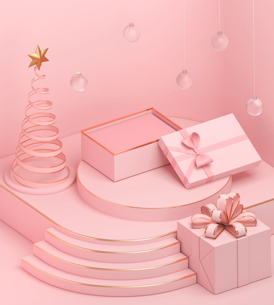 Предпосылка пастельного цвета рождества праздника с выставочной витриной подарочной коробки и подиума, переводом 3d.