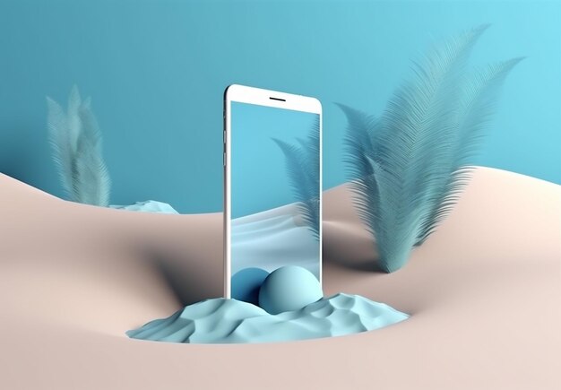 Holiday cyber creative mock up concept phone palm sand summer sea Generative AI