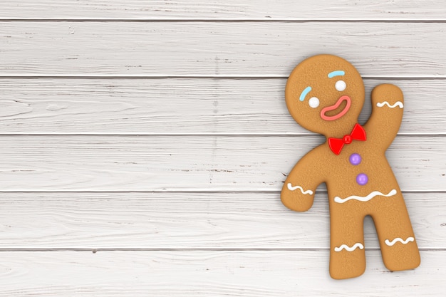 Photo holiday decorated classic gingerbread man cookie on a wooden table. 3d rendering