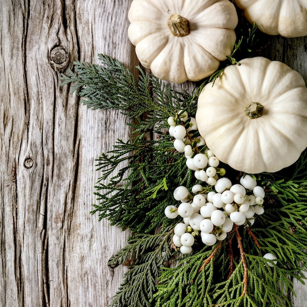 Holiday decoration with white decorative pumpkins, craft clay pumpkins, thuja branches, berries over old wooden background. Flat lay, copy space. Square image