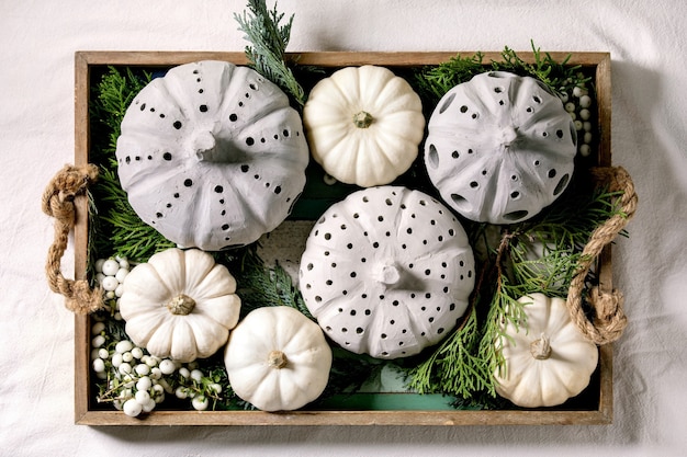 Holiday decoration with white decorative pumpkins, craft clay pumpkins, thuja branches, berries in old wooden tray.