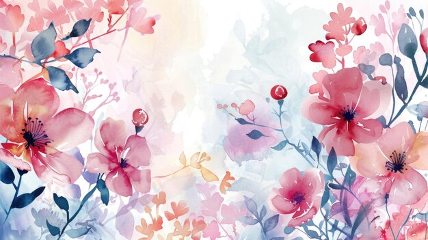 Holiday Decorative Watercolor Illustration of Pink Spring Flowers in Garden