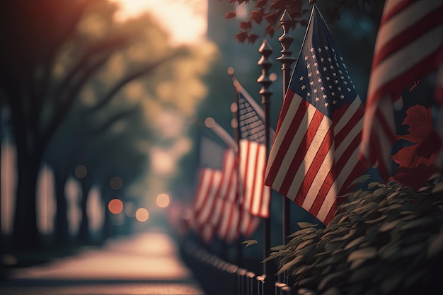 Holiday display of American flags on street in the city Generative AI